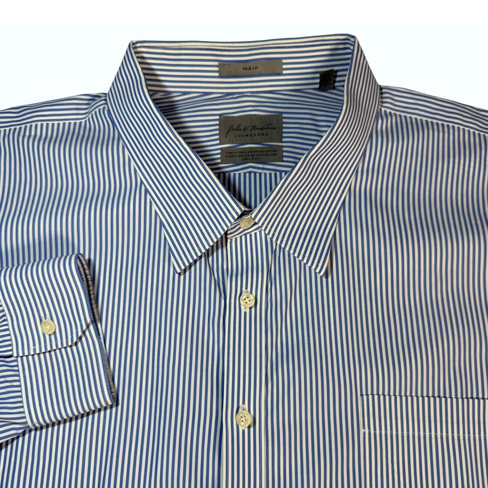 John‎ W Nordstrom Signature Trim Fit Blue White Stripe Dress Shirt 21.5/34